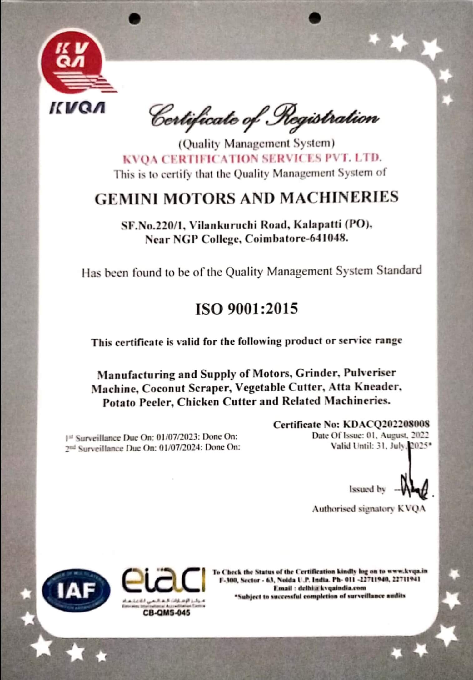 isi certification of gemini motors & machinery in coimbatore